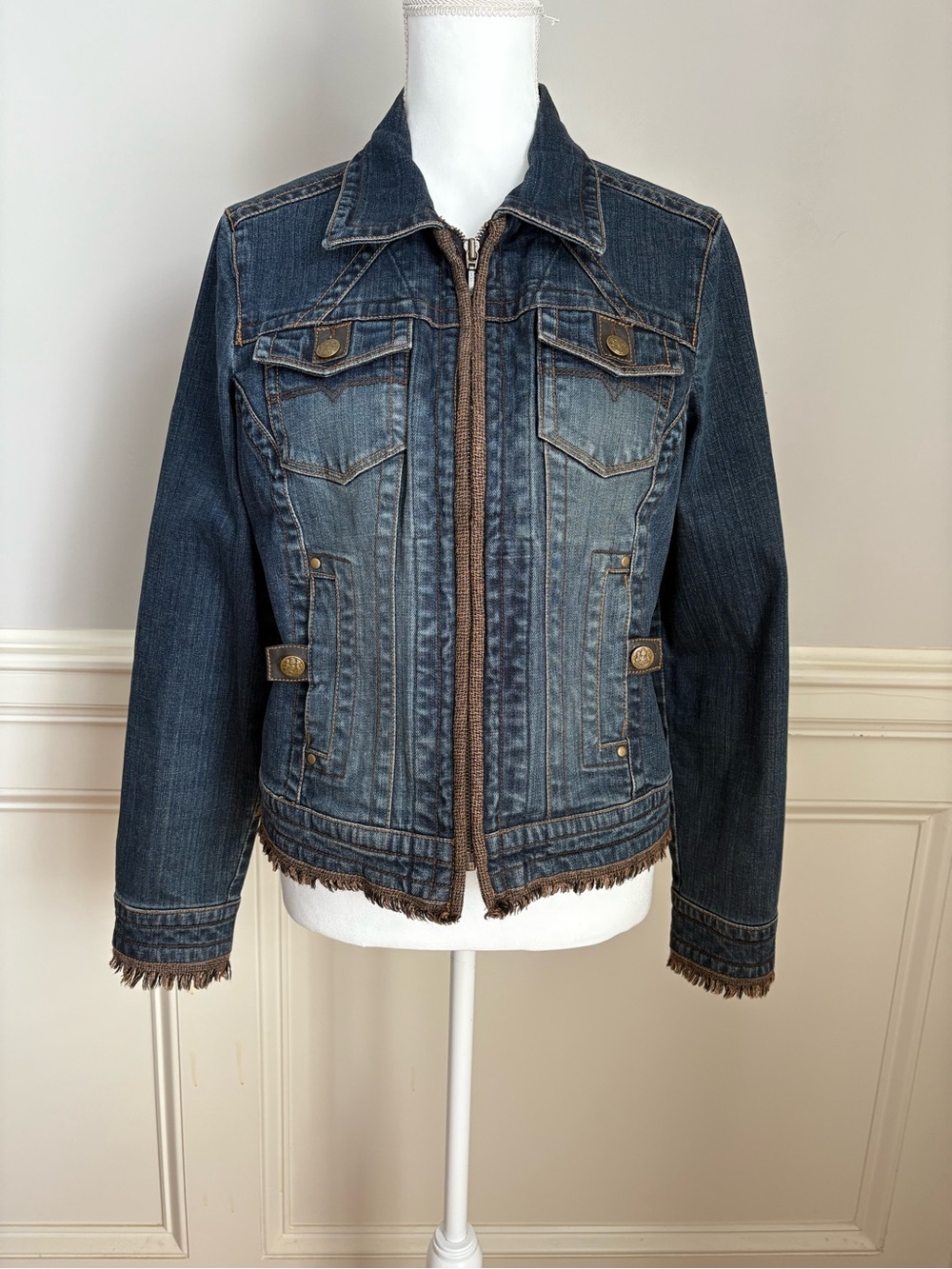 CAbi Dark Blue Denim Jacket with Fringe Trim